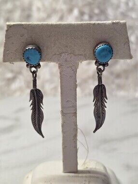 Turquoise Stone Feather Drop Earrings - Blue Sterling Style